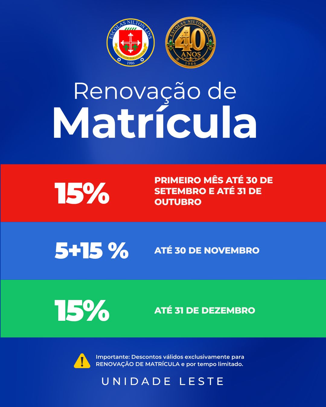 Cartaz de Renovação de Matrícula da Unidade Leste: descontos de 15%, 5+15% e 15% conforme o prazo